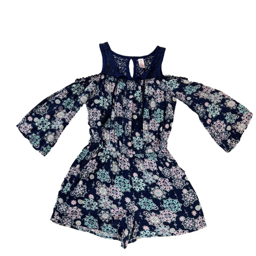Justice Cold Shoulder Navy Blue Floral Romper, Size 14